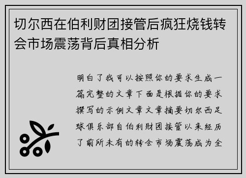 切尔西在伯利财团接管后疯狂烧钱转会市场震荡背后真相分析