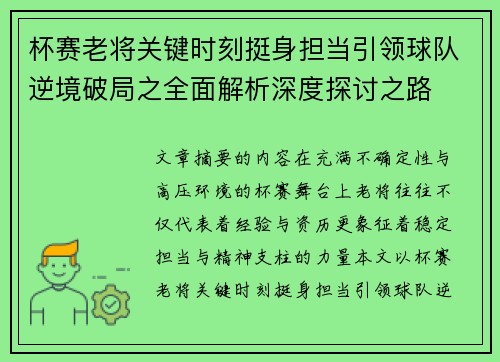 杯赛老将关键时刻挺身担当引领球队逆境破局之全面解析深度探讨之路